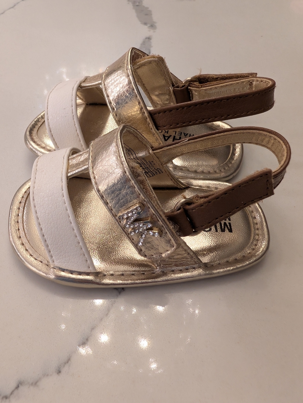 Michael Kors Metallic Gold & White Sandals with Brown Strap Baby Size 2 - Picture 10 of 11